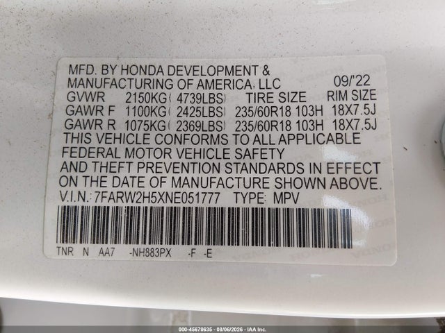 Продажа на аукционе авто 2022 Honda Cr-v Awd Ex, vin: 7FARW2H5XNE051777, номер лота: 45678635