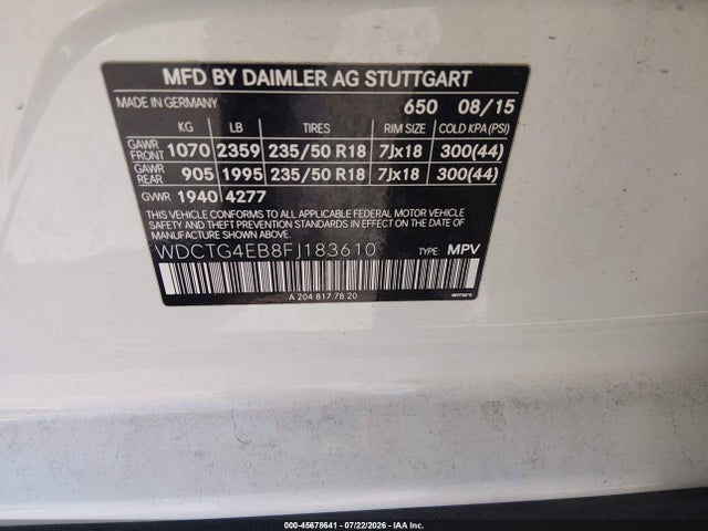 WDCTG4EB8FJ183610 Mercedes-Benz GLA 250
