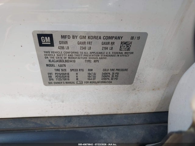 2020 Buick Encore Fwd Preferred მანქანა იყიდება აუქციონზე, vin: KL4CJASB3LB024410, აუქციონის ნომერი: 45678642