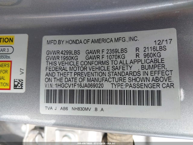 Honda ACCORD LX 2018 1HGCV1F16JA069020 Image 9