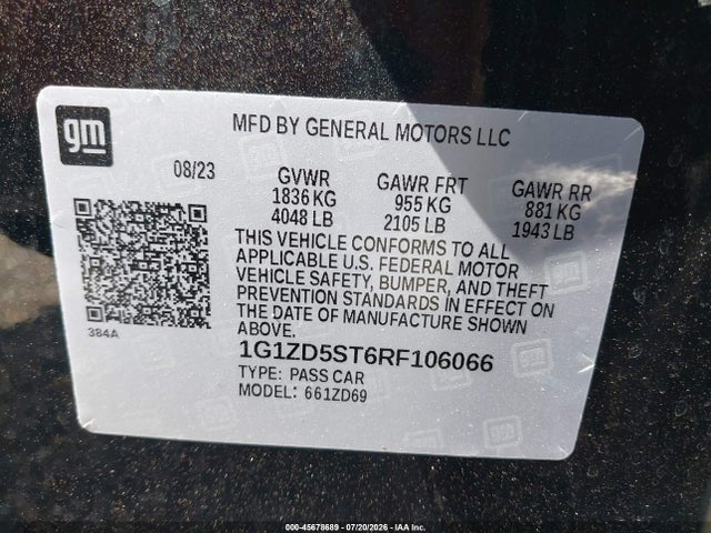 45678689 :رقم المزاد ، 1G1ZD5ST6RF106066 vin ، 2024 Chevrolet Malibu Fwd 1lt مزاد بيع