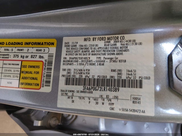 3FA6P0G72LR140389 Ford FUSION S