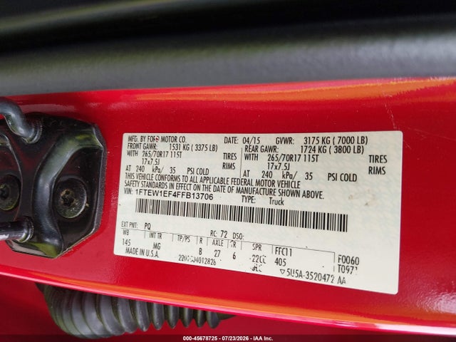 45678725 :رقم المزاد ، 1FTEW1EF4FFB13706 vin ، 2015 Ford F-150 Xlt مزاد بيع