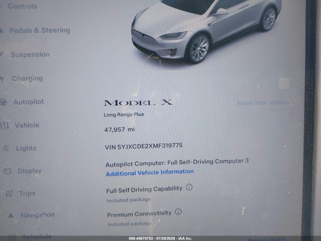 Aukcja sprzedaży 2021 Tesla Model X, vin: 5YJXCDE2XMF319775, numer aukcji: 45678753