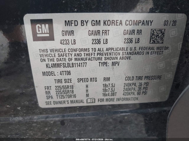 45678774 :رقم المزاد ، KL4MMFSL0LB114177 vin ، 2020 Buick Encore Gx Fwd Essence مزاد بيع