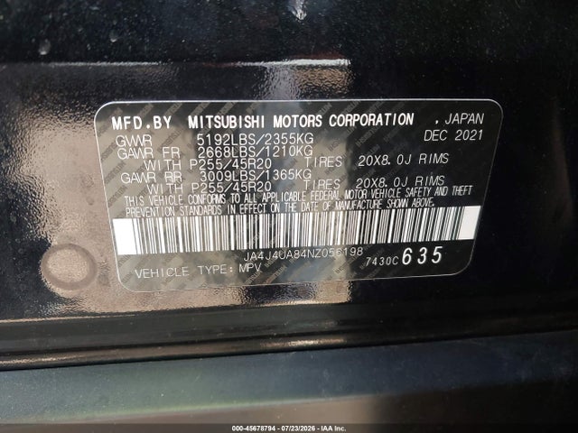 45678794 :رقم المزاد ، JA4J4UA84NZ056198 vin ، 2022 Mitsubishi Outlander Black Edition S-awc/se 2.5 S-awc/se Launch Edition S-awc مزاد بيع