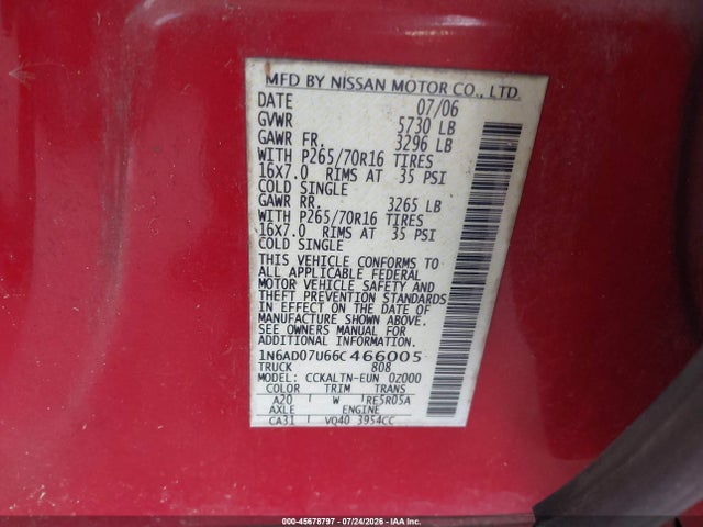 Aukcja sprzedaży 2006 Nissan Frontier Se, vin: 1N6AD07U66C466005, numer aukcji: 45678797