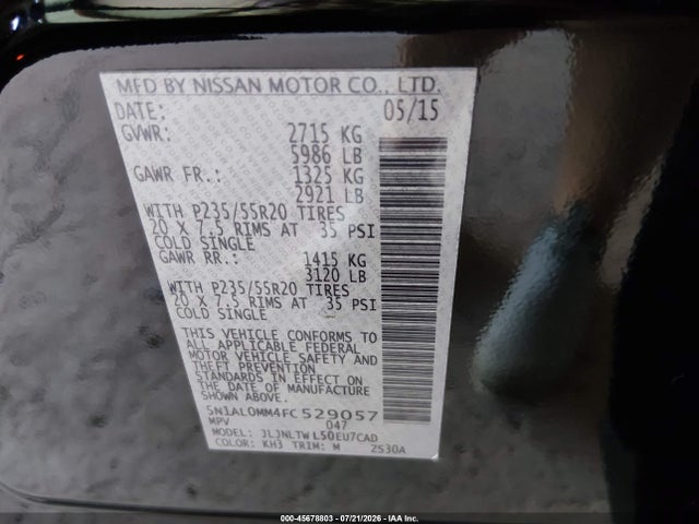 Продаж на аукціоні авто 2015 Infiniti Qx60, vin: 5N1AL0MM4FC529057, номер лоту: 45678803