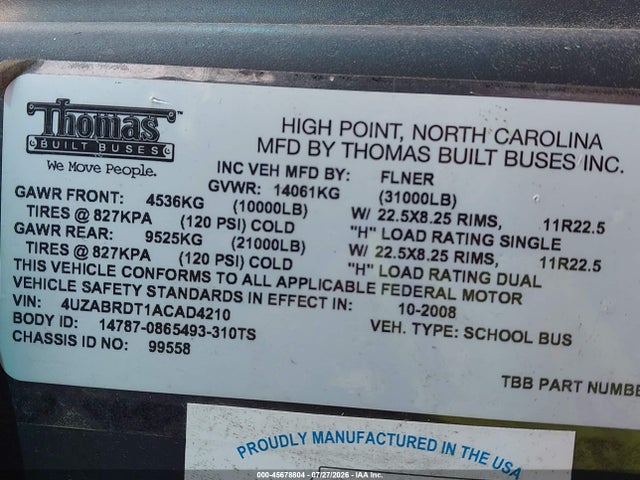 Продажа на аукционе авто 2010 Freightliner Chassis Thomas Built B2b, vin: 4UZABRDT1ACAD4210, номер лота: 45678804