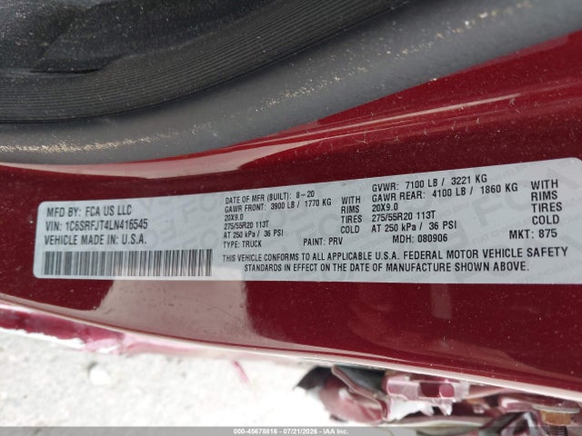 Продажа на аукционе авто 2020 Ram 1500 Laramie  4x4 5'7 Box, vin: 1C6SRFJT4LN416545, номер лота: 45678816