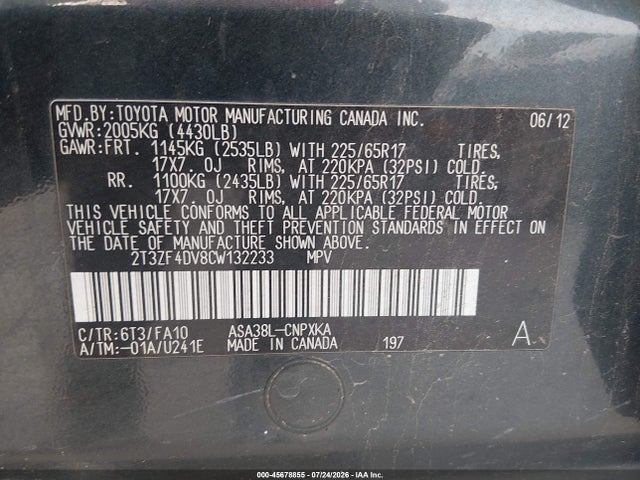 45678855 :رقم المزاد ، 2T3ZF4DV8CW132233 vin ، 2012 Toyota Rav4 مزاد بيع