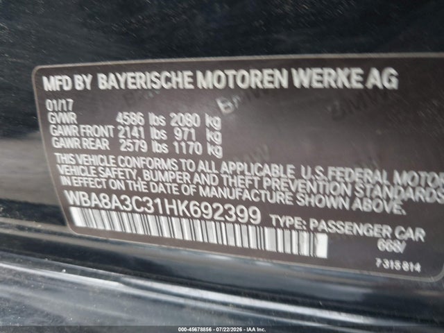 Aukcja sprzedaży 2017 Bmw 320i Xdrive, vin: WBA8A3C31HK692399, numer aukcji: 45678856