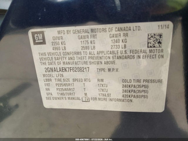 Aukcja sprzedaży 2015 Chevrolet Equinox Ls, vin: 2GNALAEK7F6208217, numer aukcji: 45678861