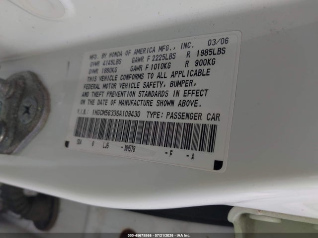 Aukcja sprzedaży 2006 Honda Accord 2.4 Se, vin: 1HGCM56336A109430, numer aukcji: 45678866
