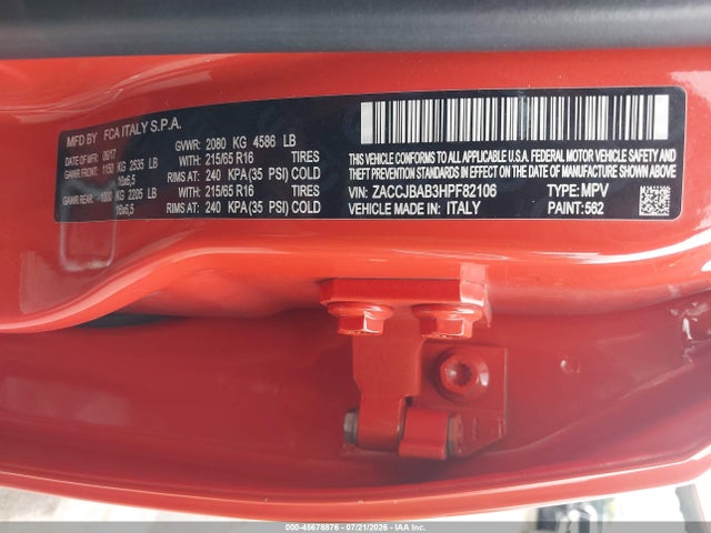 Auction sale of the 2017 Jeep Renegade Sport, vin: ZACCJBAB3HPF82106, lot number: 45678876