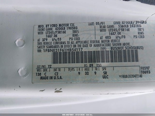 Aukcja sprzedaży 2001 Ford E-350 Super Duty Xl/xlt, vin: 1FBNE31F61HB54117, numer aukcji: 45678901
