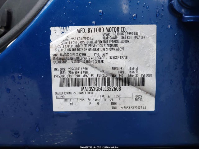 Aukcja sprzedaży 2020 Ford Ecosport Se, vin: MAJ3S2GE4LC352608, numer aukcji: 45678914