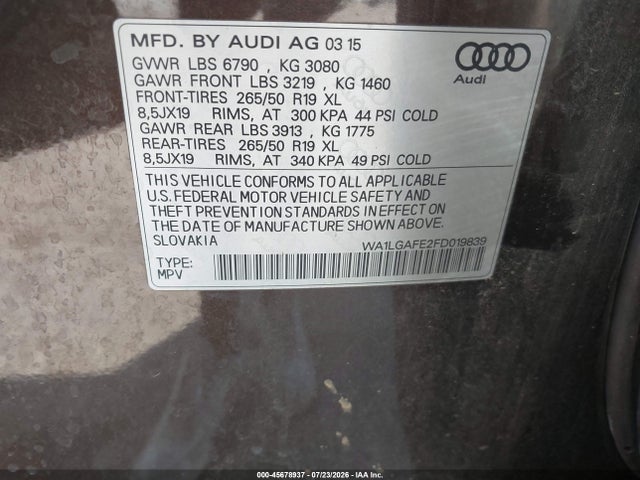 45678937 :رقم المزاد ، WA1LGAFE2FD019839 vin ، 2015 Audi Q7 3.0t Premium مزاد بيع
