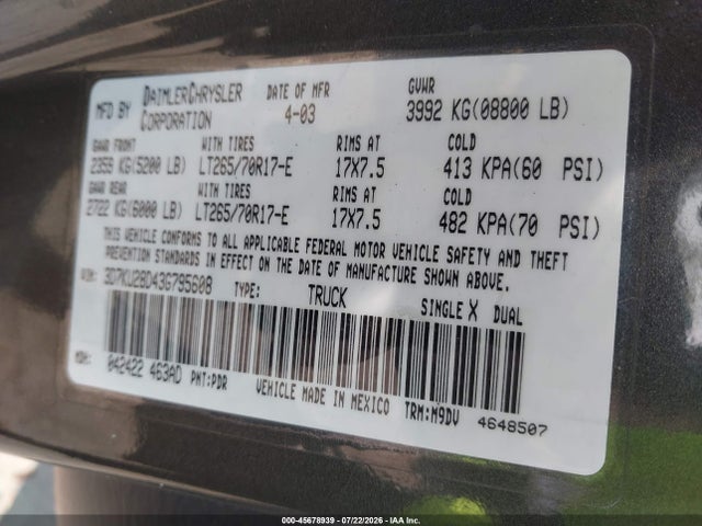 Продажа на аукционе авто 2003 Dodge Ram 2500 Slt/laramie/st, vin: 3D7KU28D43G795608, номер лота: 45678939
