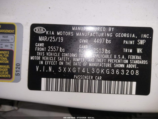 2019 Kia Optima Lx მანქანა იყიდება აუქციონზე, vin: 5XXGT4L30KG363208, აუქციონის ნომერი: 45678948