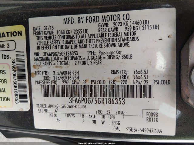 Ford FUSION S 2016 3FA6P0G75GR186353 Image 9