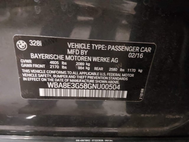 Продажа на аукционе авто 2016 Bmw 328i Xdrive, vin: WBA8E3G58GNU00504, номер лота: 45678952