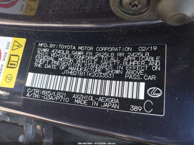 Aukcja sprzedaży 2019 Lexus Es 300h Luxury, vin: JTHB21B11K2033531, numer aukcji: 45678954