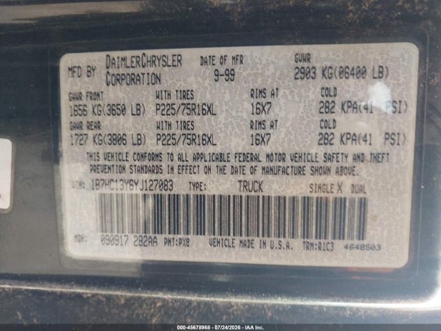 Aukcja sprzedaży 2001 Dodge Ram 1500 St, vin: 3B7HF13Z61G767866, numer aukcji: 45678968