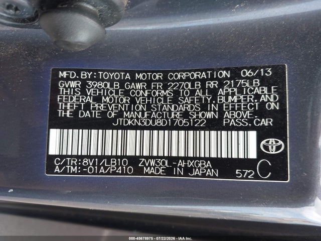 45678975 :رقم المزاد ، JTDKN3DU8D1705122 vin ، 2013 Toyota Prius Five/four/three/three Se/two مزاد بيع