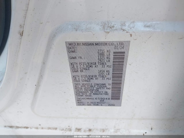 5N1AR2MN4EC659048 Nissan Pathfinder Platinum/s/sl/sv