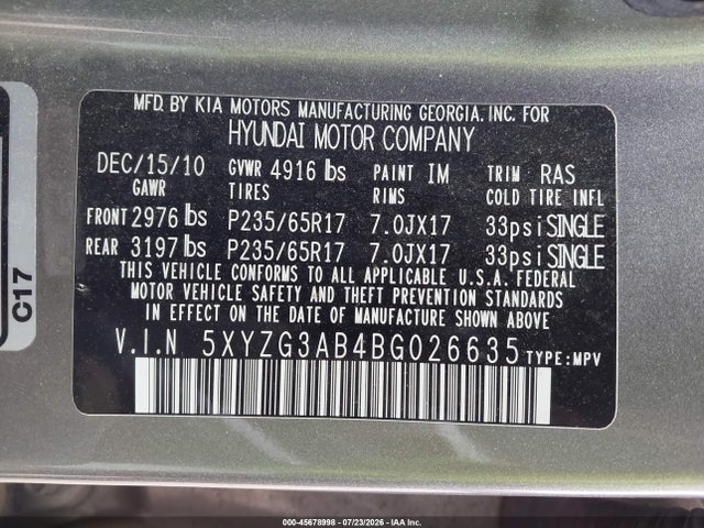 Продаж на аукціоні авто 2011 Hyundai Santa Fe Gls, vin: 5XYZG3AB4BG026635, номер лоту: 45678998