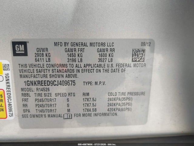 45679008 :رقم المزاد ، 1GNKREED9CJ409675 vin ، 2012 Chevrolet Traverse Ls مزاد بيع