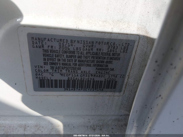 2014 Nissan Sentra Fe+ S/fe+ Sv/s/sl/sr/sv მანქანა იყიდება აუქციონზე, vin: 3N1AB7AP5EY259148, აუქციონის ნომერი: 45679014