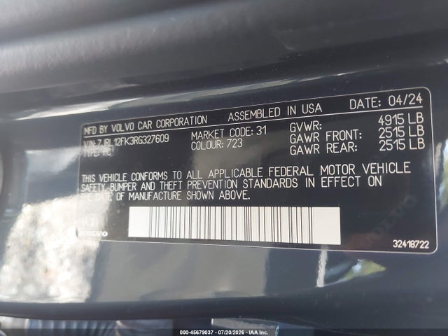 Aukcja sprzedaży 2024 Volvo S60 B5 Core Dark Theme, vin: 7JRL12FK3RG327609, numer aukcji: 45679037