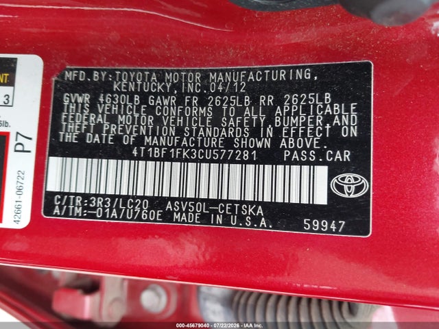 45679040 :رقم المزاد ، 4T1BF1FK3CU577281 vin ، 2012 Toyota Camry Se مزاد بيع