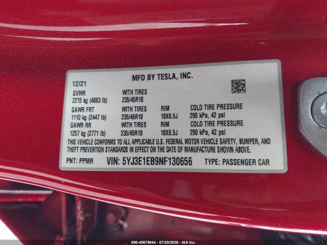 5YJ3E1EB9NF130656 Tesla Model 3 Long Range Dual Motor All-wheel Drive