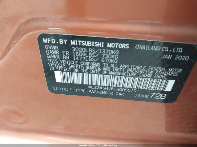2020 Mitsubishi Mirage Gt/le მანქანა იყიდება აუქციონზე, vin: ML32A5HJ8LH005519, აუქციონის ნომერი: 45679051