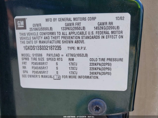 Aukcja sprzedaży 2003 Gmc Envoy Slt, vin: 1GKDS13S032187235, numer aukcji: 45679056