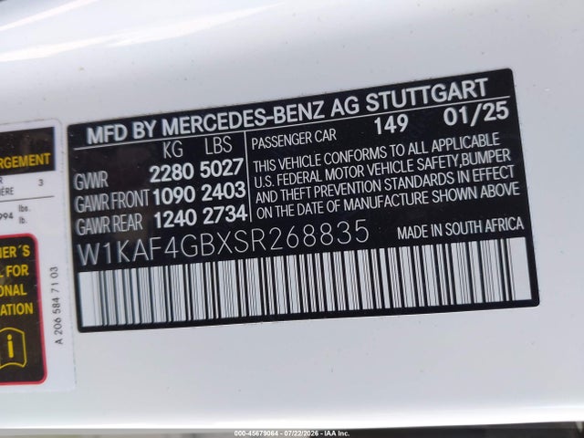 45679064 :رقم المزاد ، W1KAF4GBXSR268835 vin ، 2025 Mercedes-benz C 300 مزاد بيع