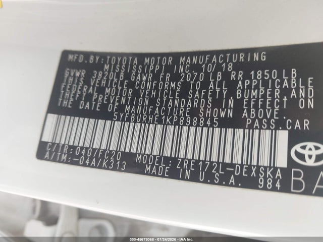 Toyota COROLLA SE 2019 5YFBURHE1KP898845 Image 9