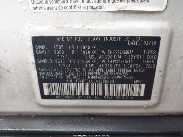 45679070 :رقم المزاد ، 4S4BRCCC6A3368863 vin ، 2010 Subaru Outback 2.5i Premium مزاد بيع