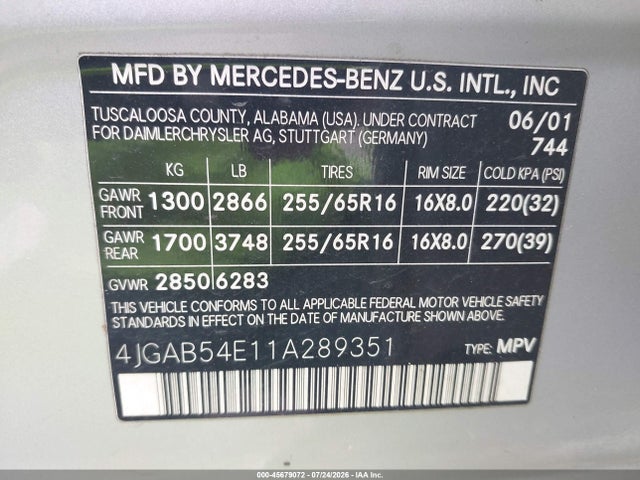 45679072 :رقم المزاد ، 4JGAB54E11A289351 vin ، 2001 Mercedes-benz Ml 320 مزاد بيع