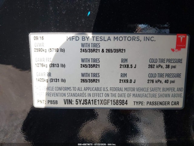 Aukcja sprzedaży 2016 Tesla Model S 60/70/75/85, vin: 5YJSA1E1XGF158984, numer aukcji: 45679075