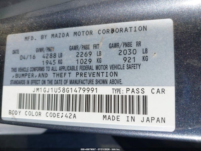 45679087 :رقم المزاد ، JM1GJ1U58G1479991 vin ، 2016 Mazda Mazda6 مزاد بيع