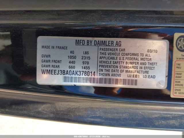 2010 Smart Fortwo Passion/pure მანქანა იყიდება აუქციონზე, vin: WMEEJ3BA0AK378014, აუქციონის ნომერი: 45679088