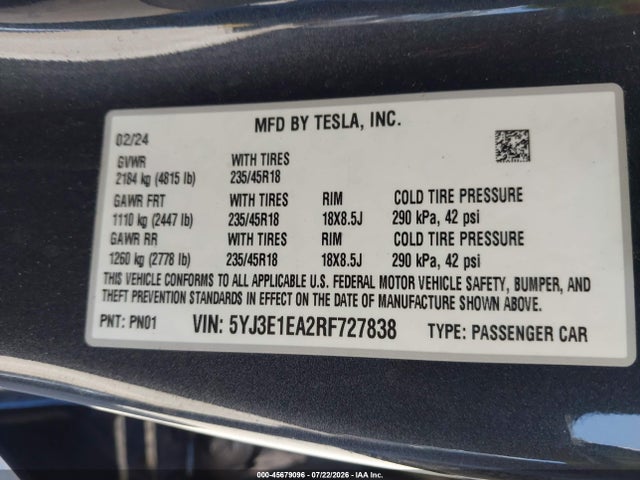 Продажа на аукционе авто 2024 Tesla Model 3 Long Range Dual Motor All-wheel Drive/rear-wheel Drive, vin: 5YJ3E1EA2RF727838, номер лота: 45679096