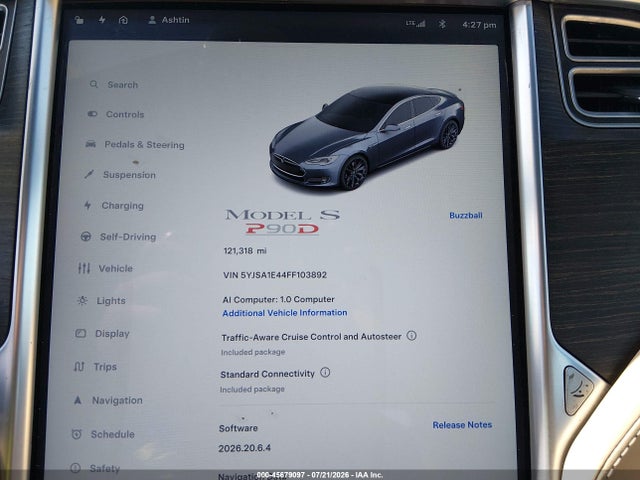 45679097 :رقم المزاد ، 5YJSA1E44FF103892 vin ، 2015 Tesla Model S 85d/p85d مزاد بيع