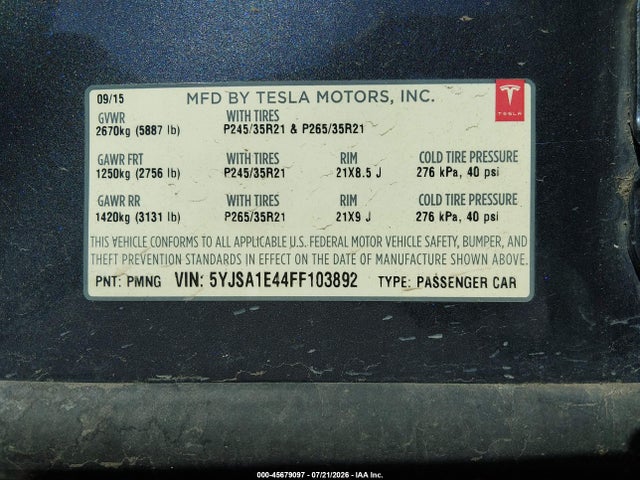 45679097 :رقم المزاد ، 5YJSA1E44FF103892 vin ، 2015 Tesla Model S 85d/p85d مزاد بيع