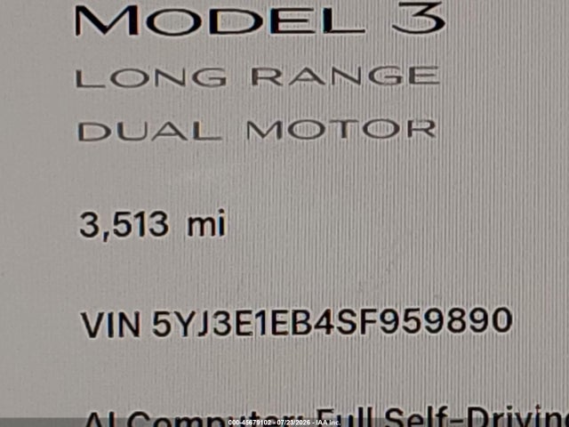 45679102 :رقم المزاد ، 5YJ3E1EB4SF959890 vin ، 2025 Tesla Model 3 Long Range All-wheel Drive مزاد بيع