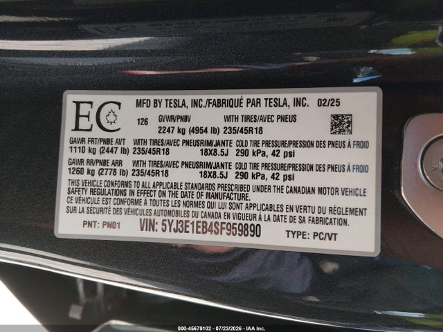 45679102 :رقم المزاد ، 5YJ3E1EB4SF959890 vin ، 2025 Tesla Model 3 Long Range All-wheel Drive مزاد بيع